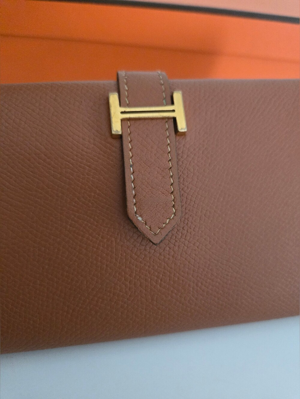 Authentic HERMES Bearn Soufflet Bifold Brown & Gold Iconic "H" Wallet Clutch Set - Picture 7 of 16